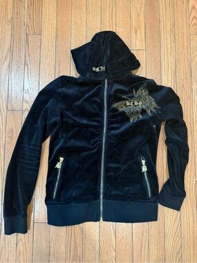 BCBG Black Velour Zip Hoodie with Gold Stud Detail